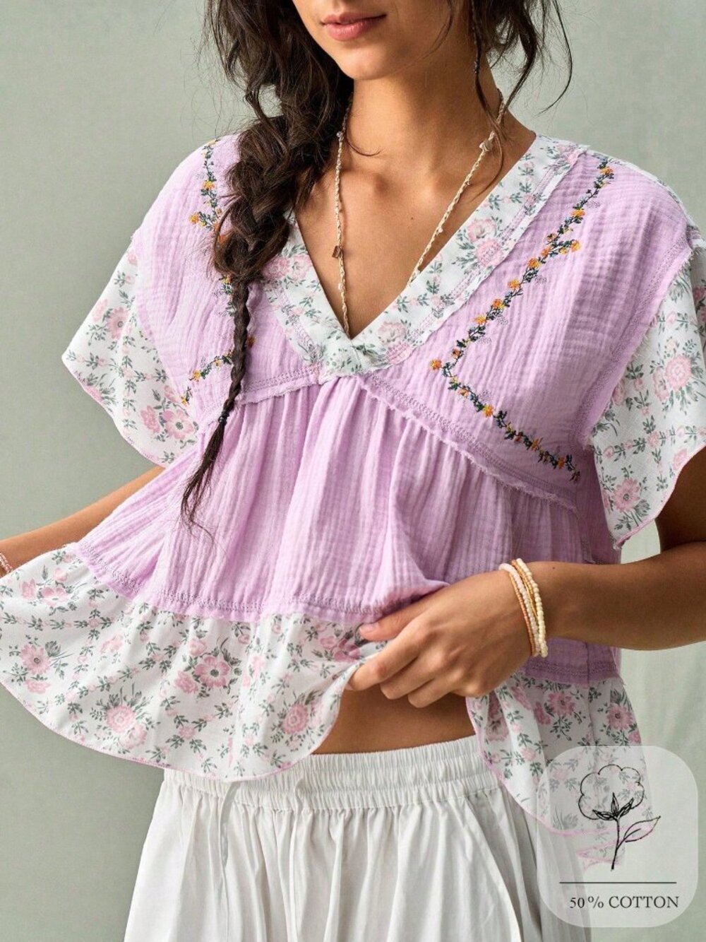 Purple Boho Women's French V-Neck Blouse